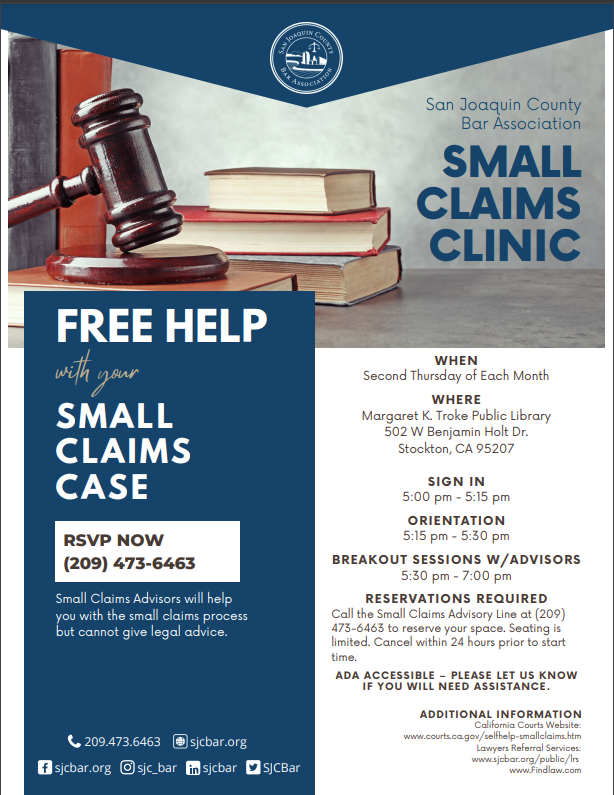 Flyer for Small Claims Clinics provided by Dispute Resolution Services (DRS).